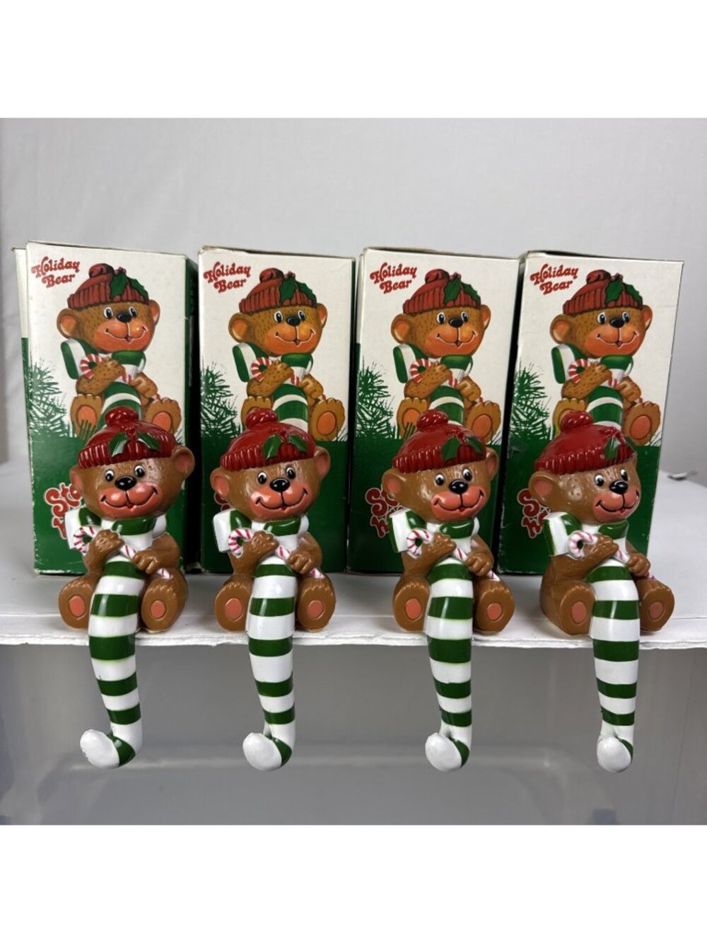 1984 Christmas Holiday Bear Stocking Holders (4) plastic kitschy retro decor